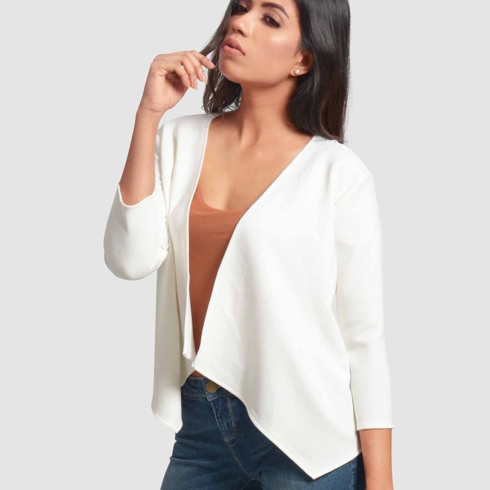 OLGYN 3/4 Sleeve White Shrug Cardigan Lace BacK